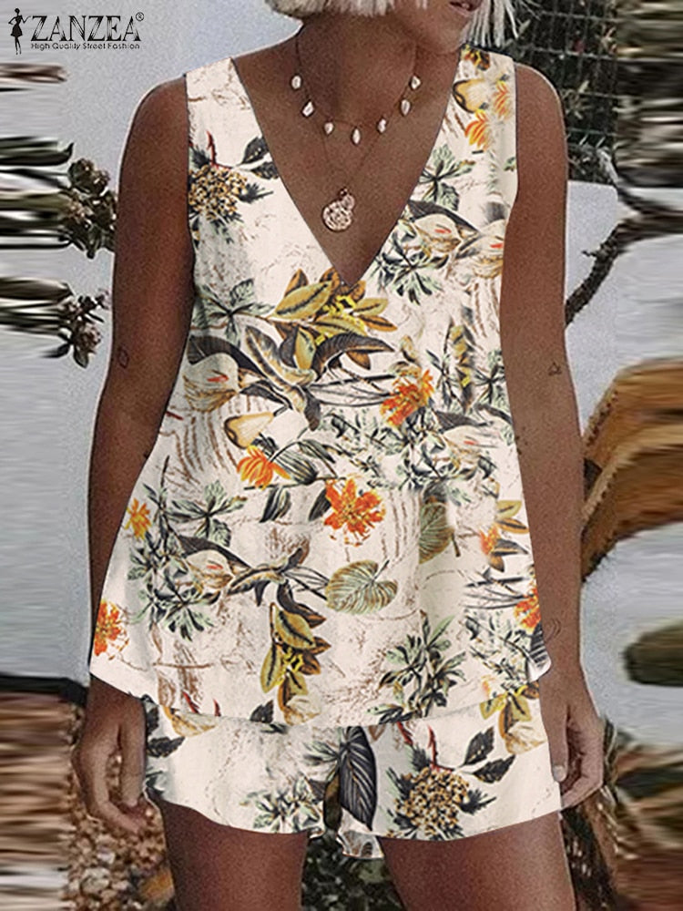 Solid Cotton Sleeveless Casual Tank Top and Shorts Matching Set