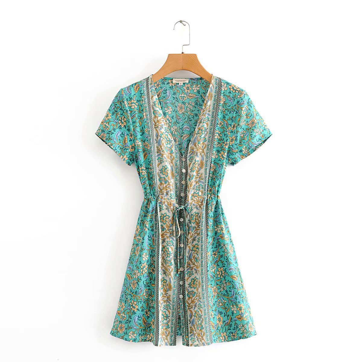 Rayon Cotton Short-sleeve Lace-up Button Mini Dress