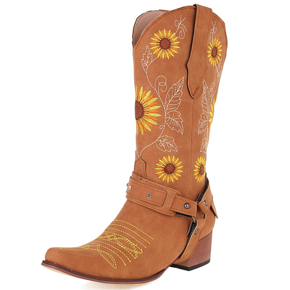 Retro Vintage Embroidery Walking Cowboy Boots Plus Size 43