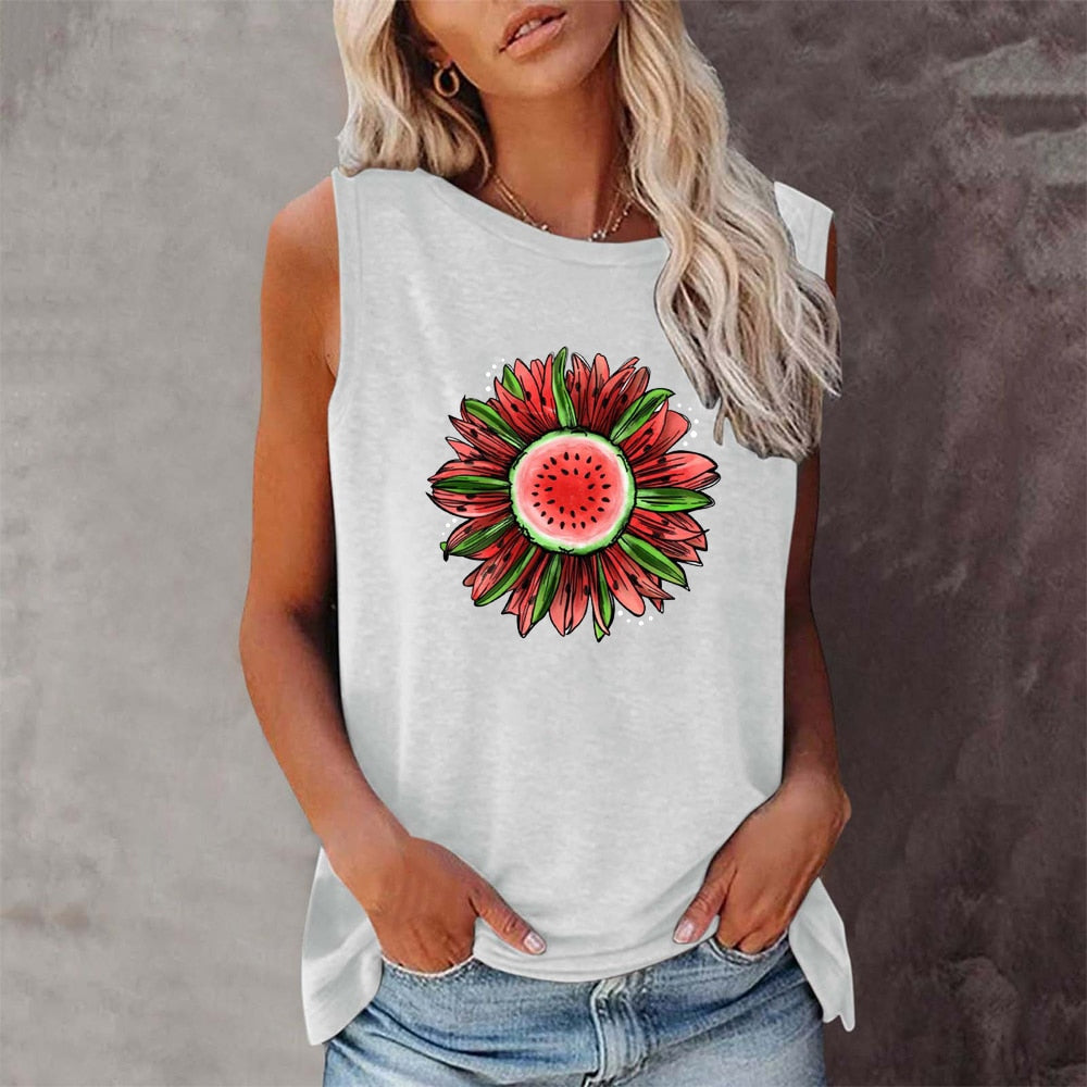 Funny Watermelon Sunflower Print Sleeveless Tshirt