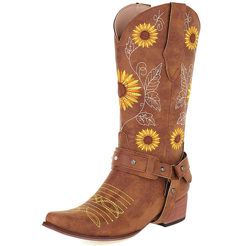 Retro Vintage Embroidery Walking Cowboy Boots Plus Size 43