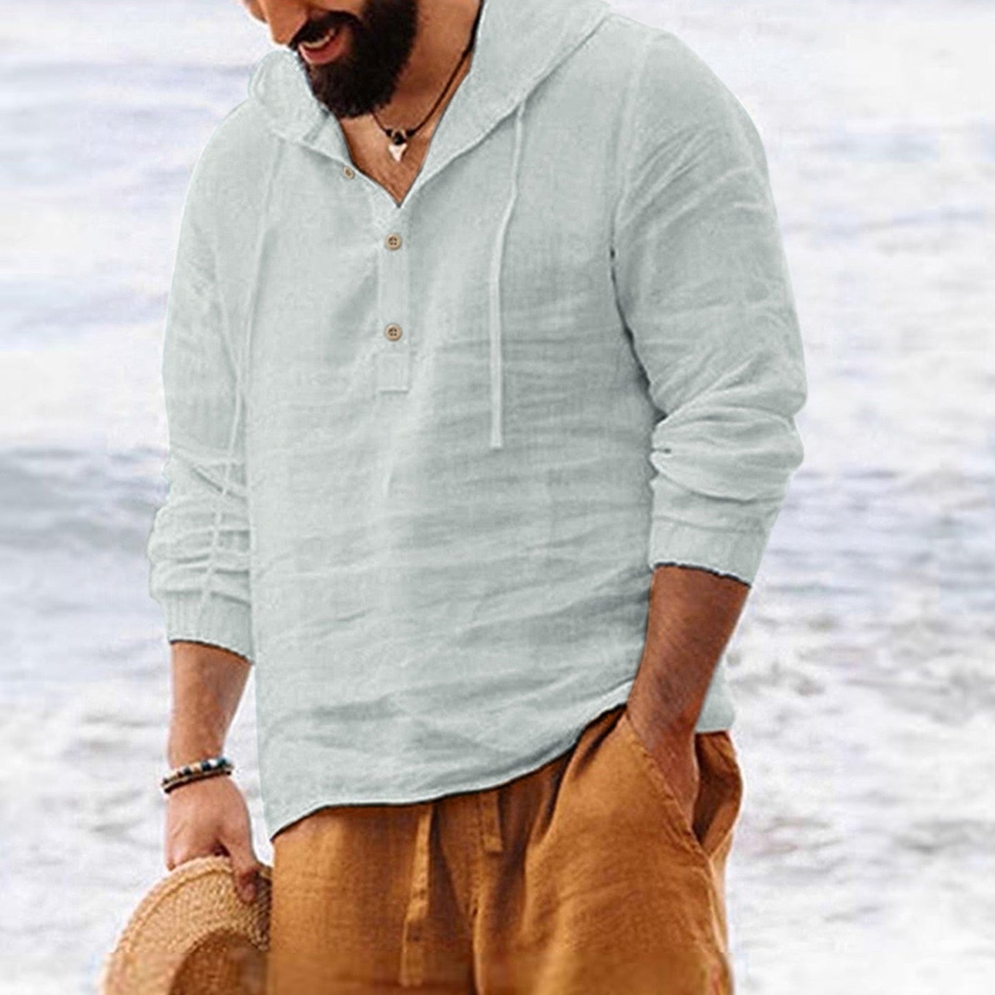 Autumn Hooded Solid Color Cotton Buttons Beach Shirt