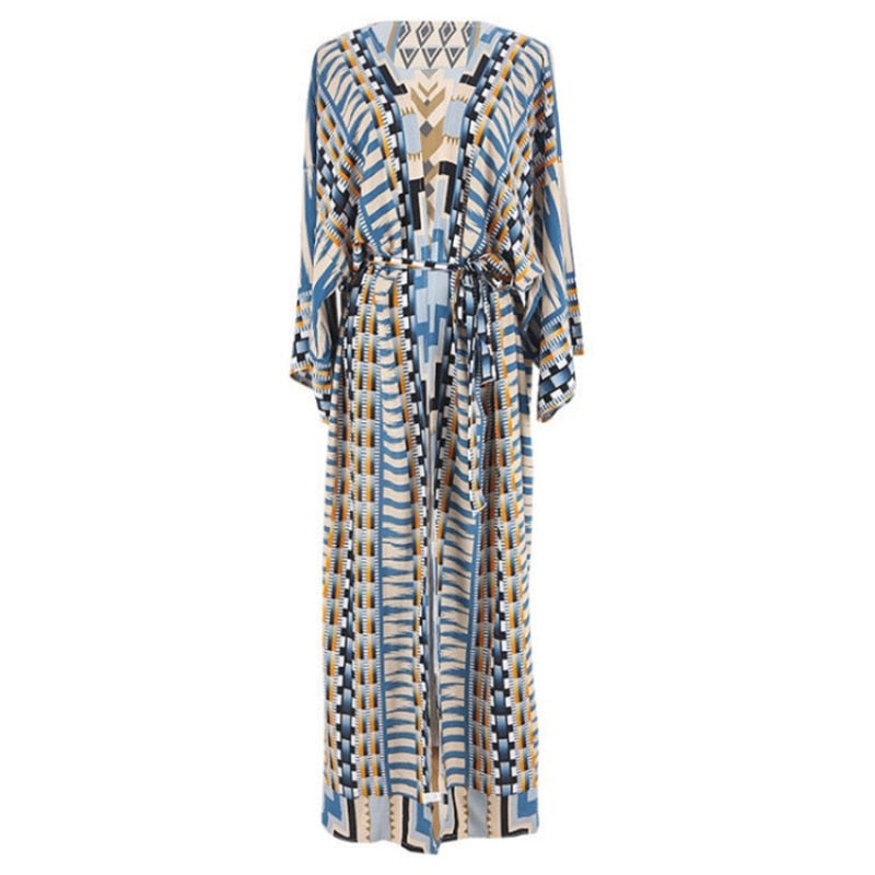 Boho Beach Beige Ethnic Print Kimono Cardigan