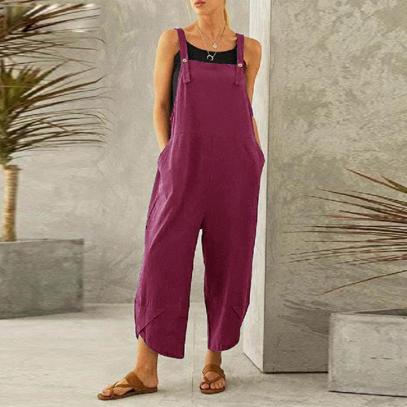 Solid Color Pocket Cotton Linen Strap Loose Jumpsuit