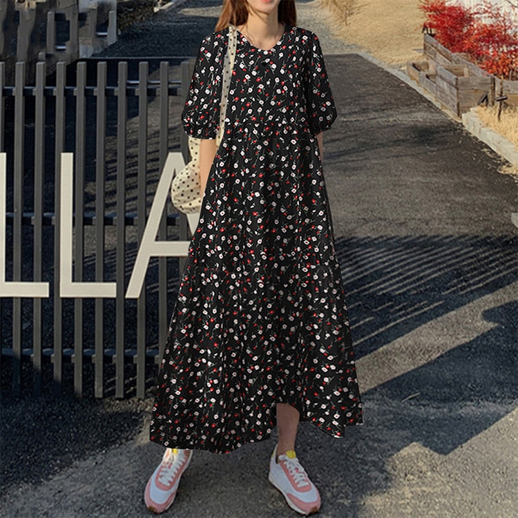 Elegant Solid Puff Sleeve Cotton Linen Dress