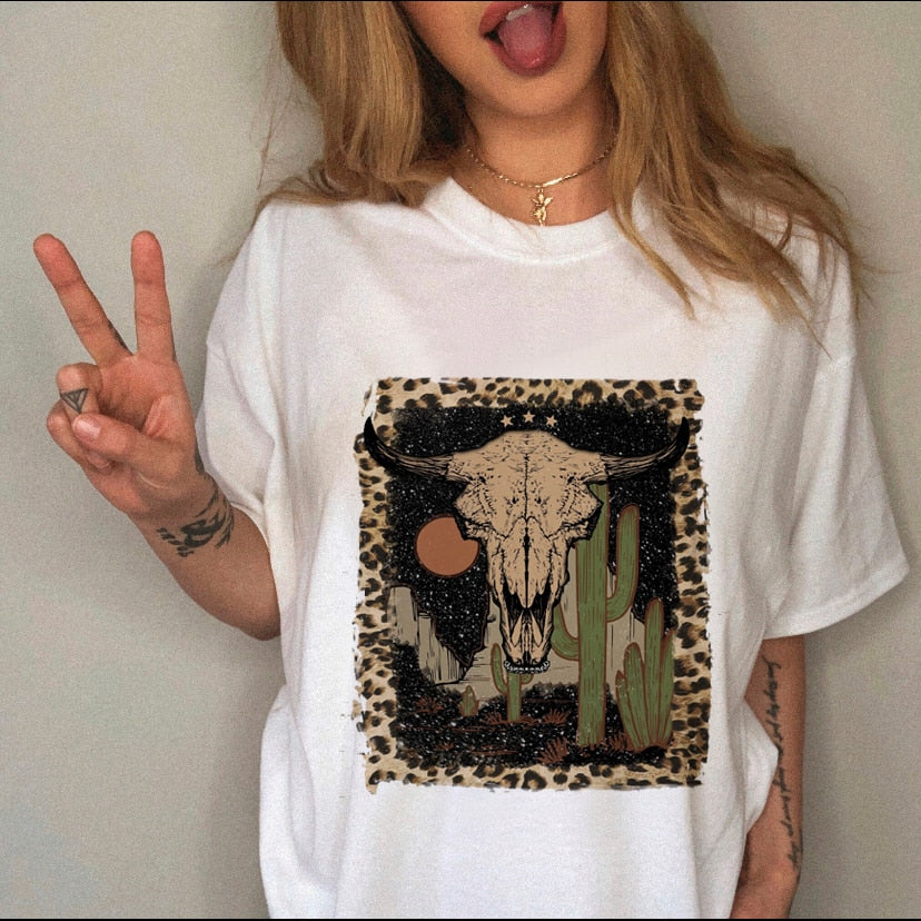 Women Leopard Skull Graphic Cow Bull T-shirt For Women - Size Large