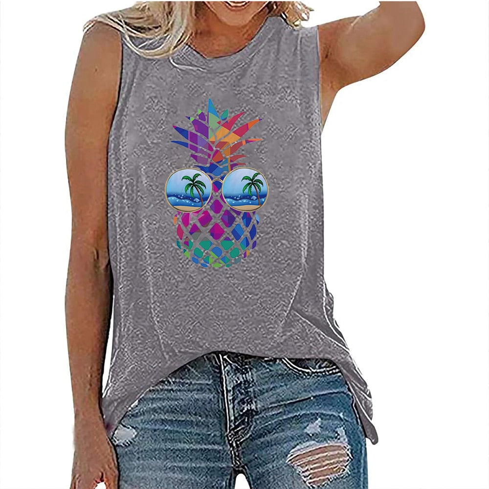 Funny Pineapple Print Sleeveless Casual Loose Tshirt