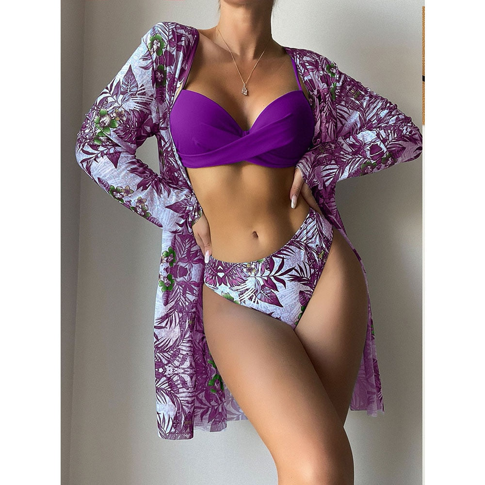 Women Printed High Waist Sexy Bikini And Cover Set - Large