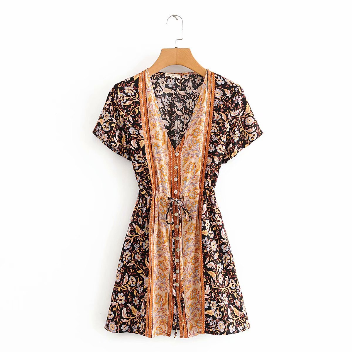 Rayon Cotton Short-sleeve Lace-up Button Mini Dress