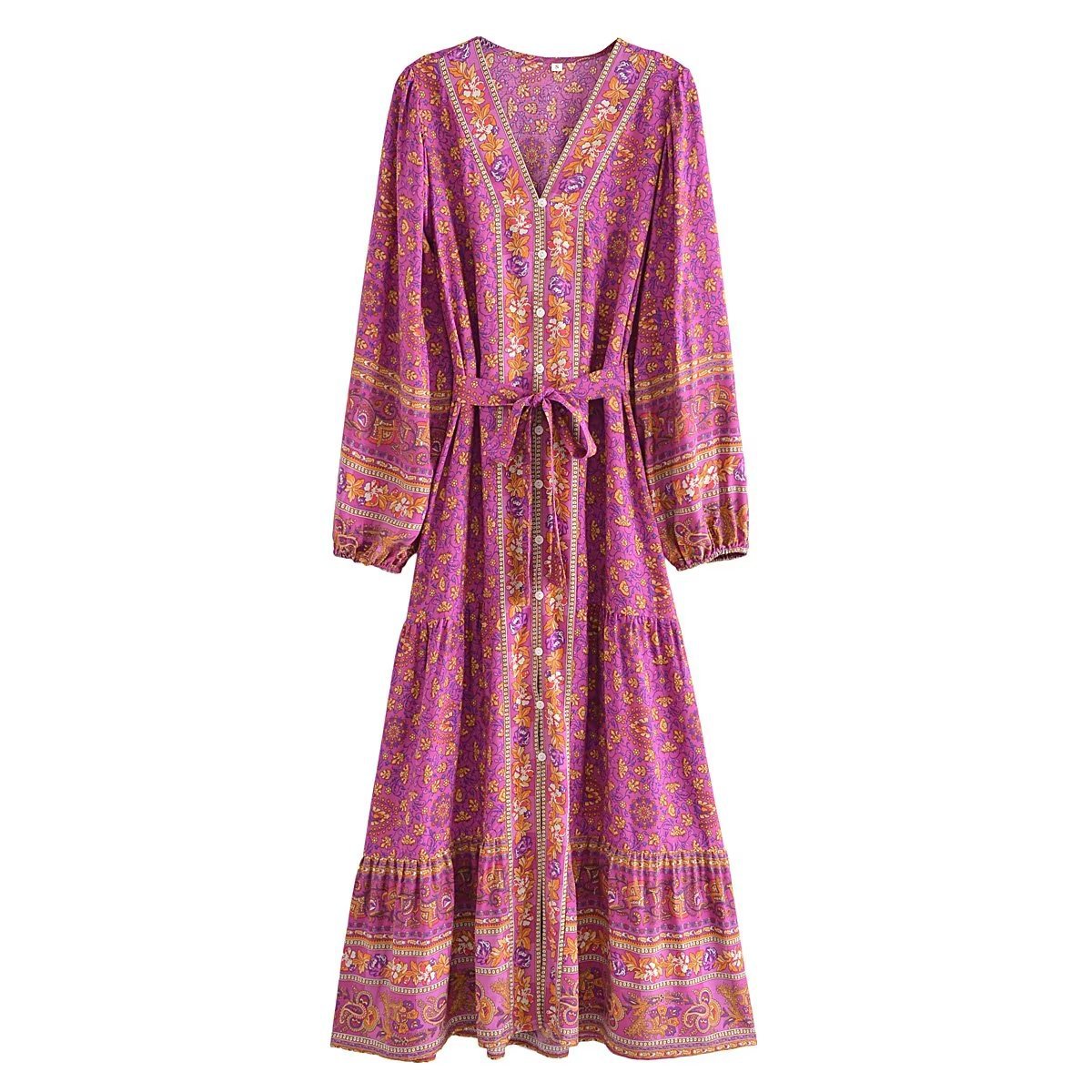 Green Boho Inspired Floral V-Neck Long Sleeve Maxi Dress