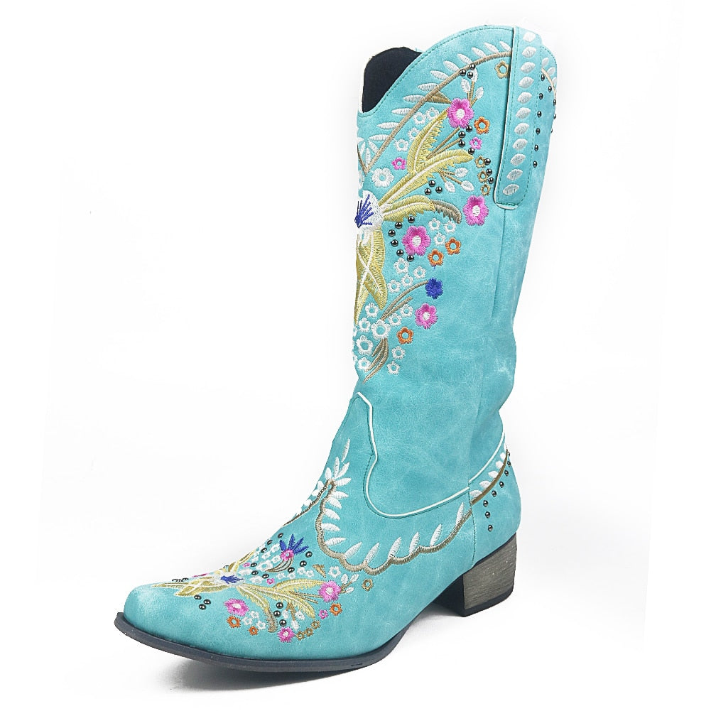 Retro Vintage Embroidery Walking Cowboy Boots Plus Size 43