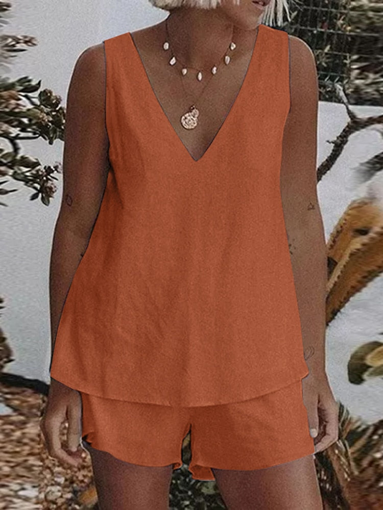 Solid Cotton Sleeveless Casual Tank Top and Shorts Matching Set