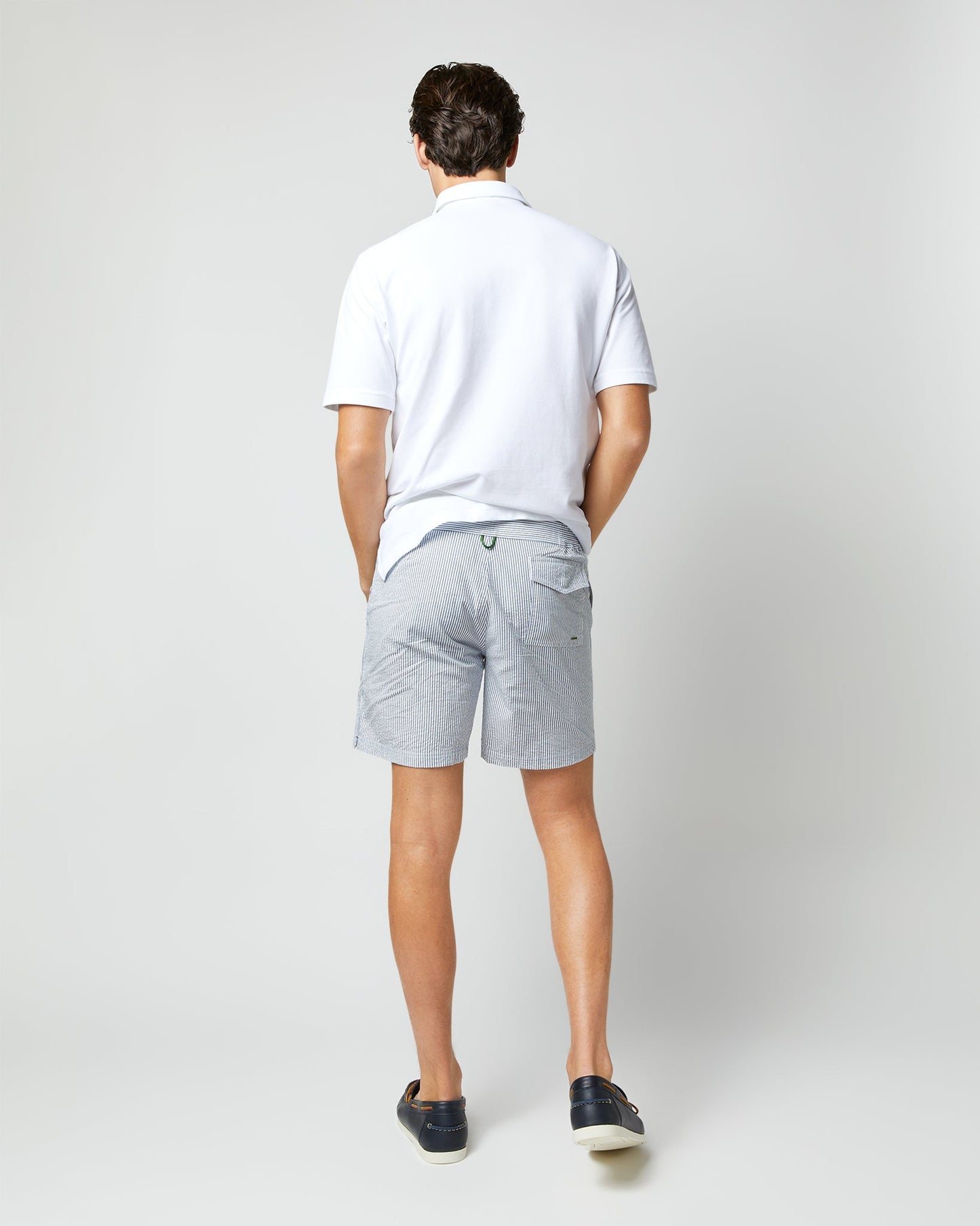Zip-Front Mid-Length Swim Short in Blue/White Seersucker