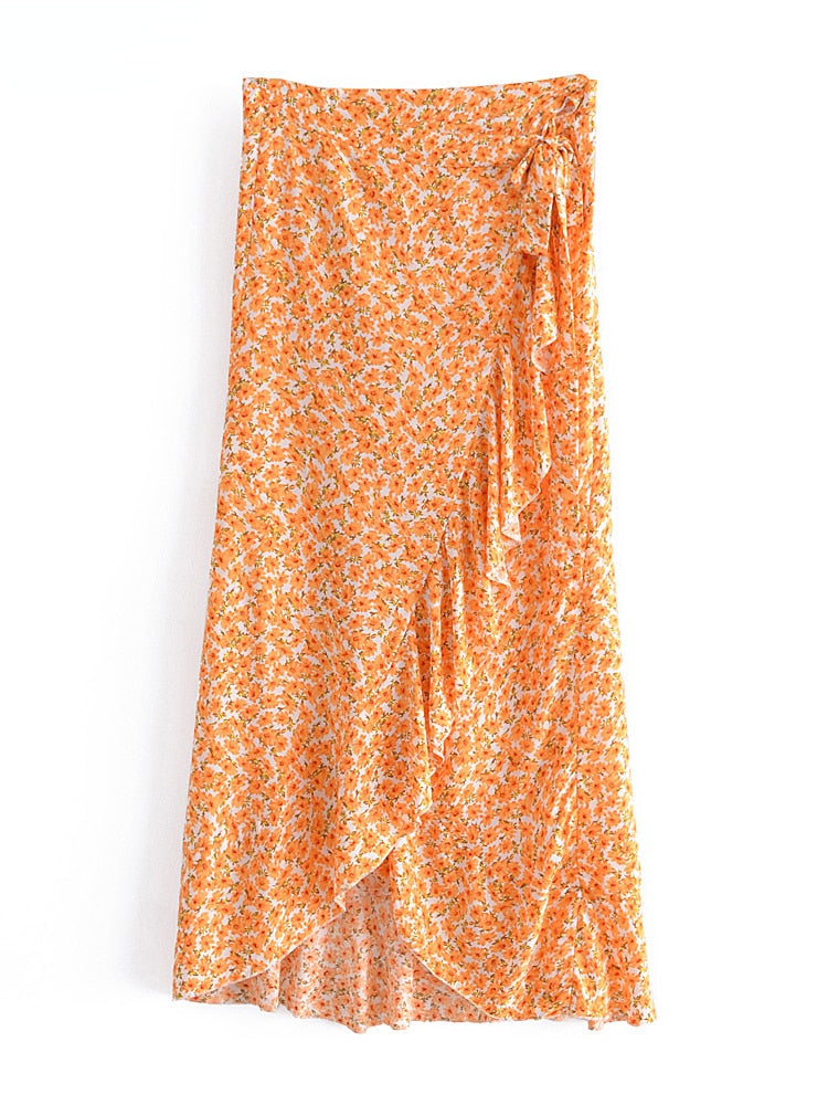 Floral Yellow Ruffles Asymmetrical Maxi Boho Skirt