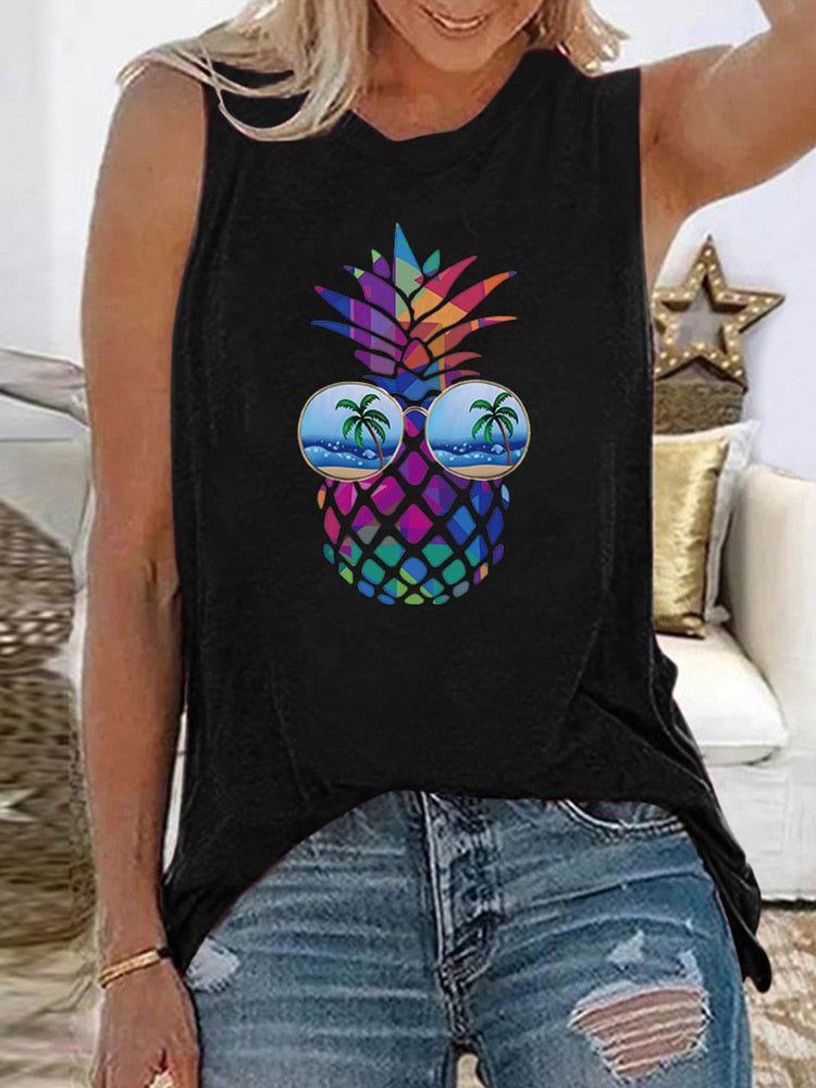 Funny Pineapple Print Sleeveless Casual Loose Tshirt