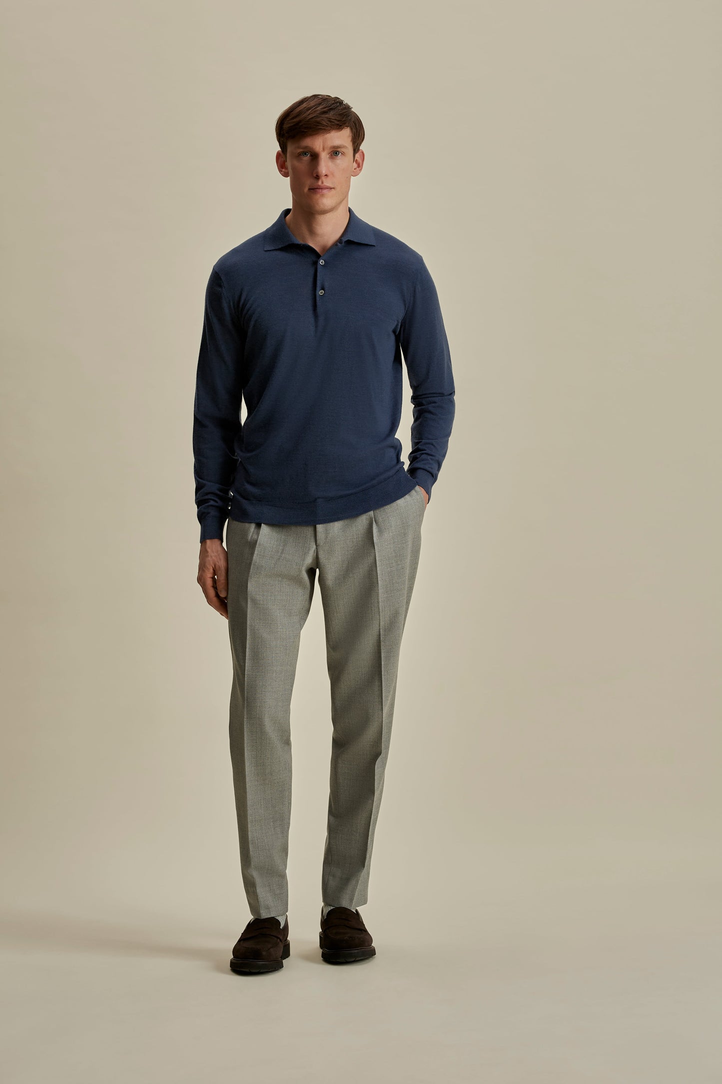 Merino Wool Fine Gauge Long Sleeve Polo Shirt