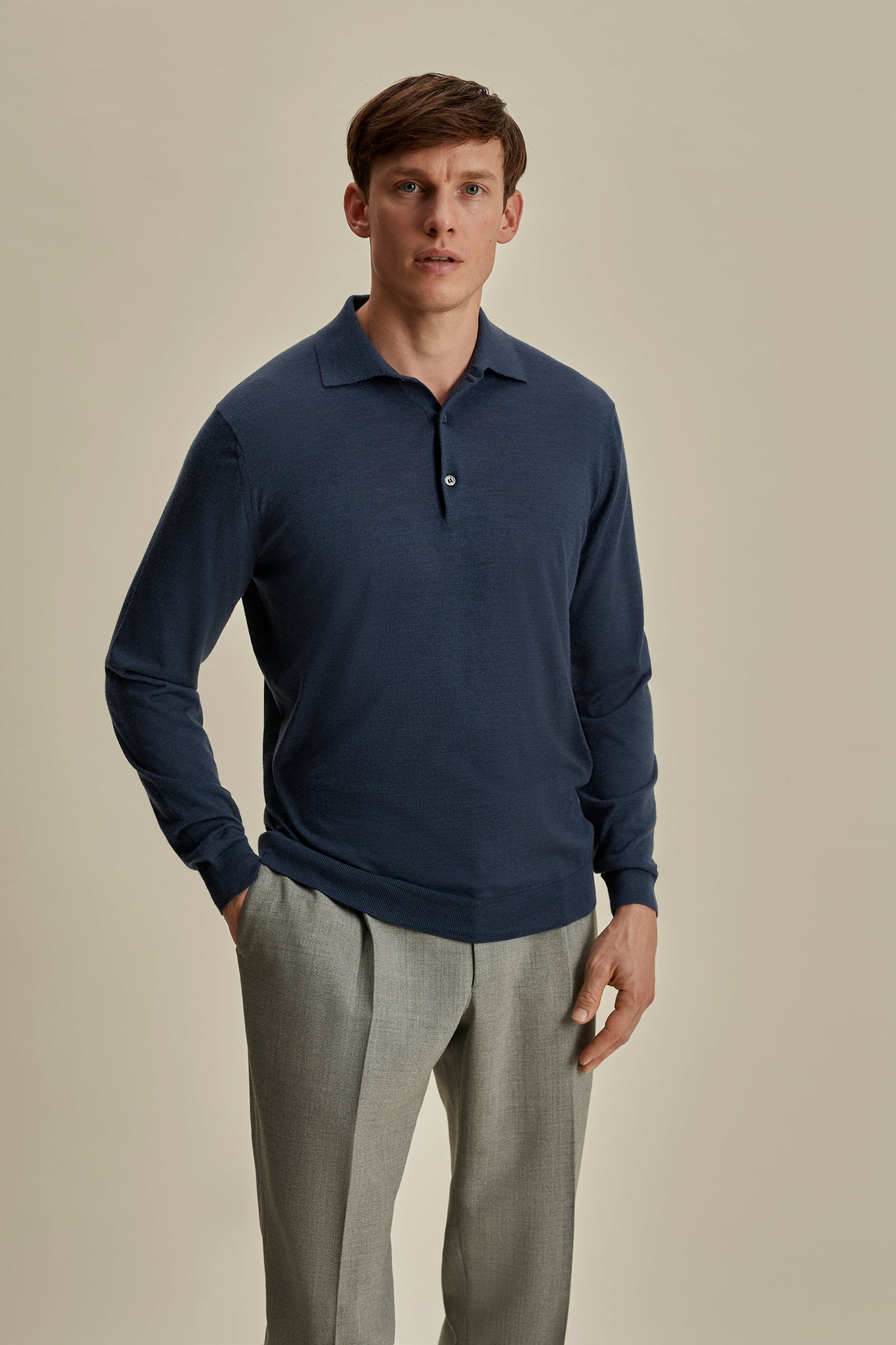 Merino Wool Fine Gauge Long Sleeve Polo Shirt