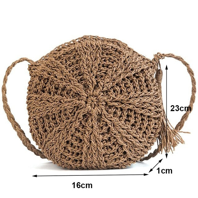 Handmade Rattan Straw Half Moon Round Handbag