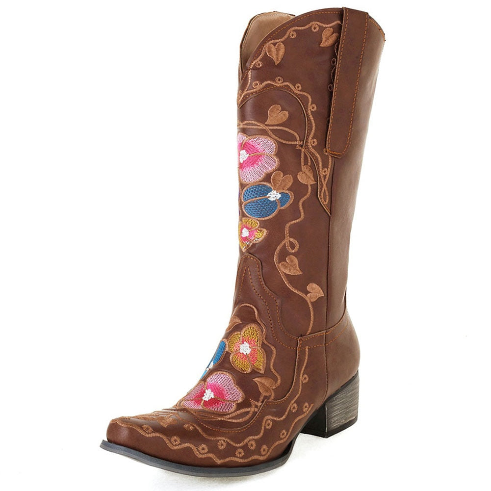 Retro Vintage Embroidery Walking Cowboy Boots Plus Size 43