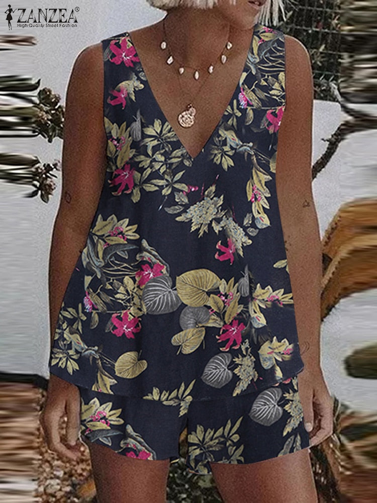 Solid Cotton Sleeveless Casual Tank Top and Shorts Matching Set