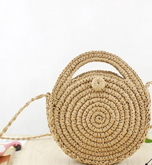Handmade Rattan Straw Half Moon Round Handbag