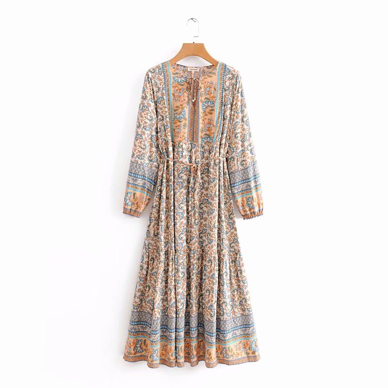 Elegant Lace-up Tassel FloralRayon Cotton Maxi Dress
