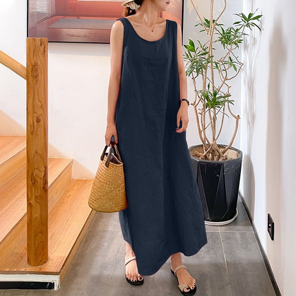 Elegant Solid Puff Sleeve Cotton Linen Dress