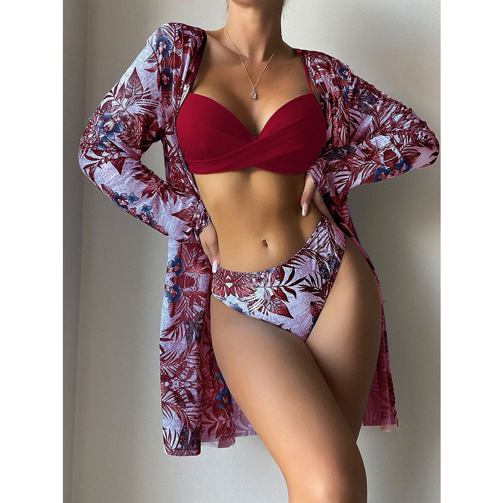 Women Printed High Waist Sexy Bikini And Cover Set - Large