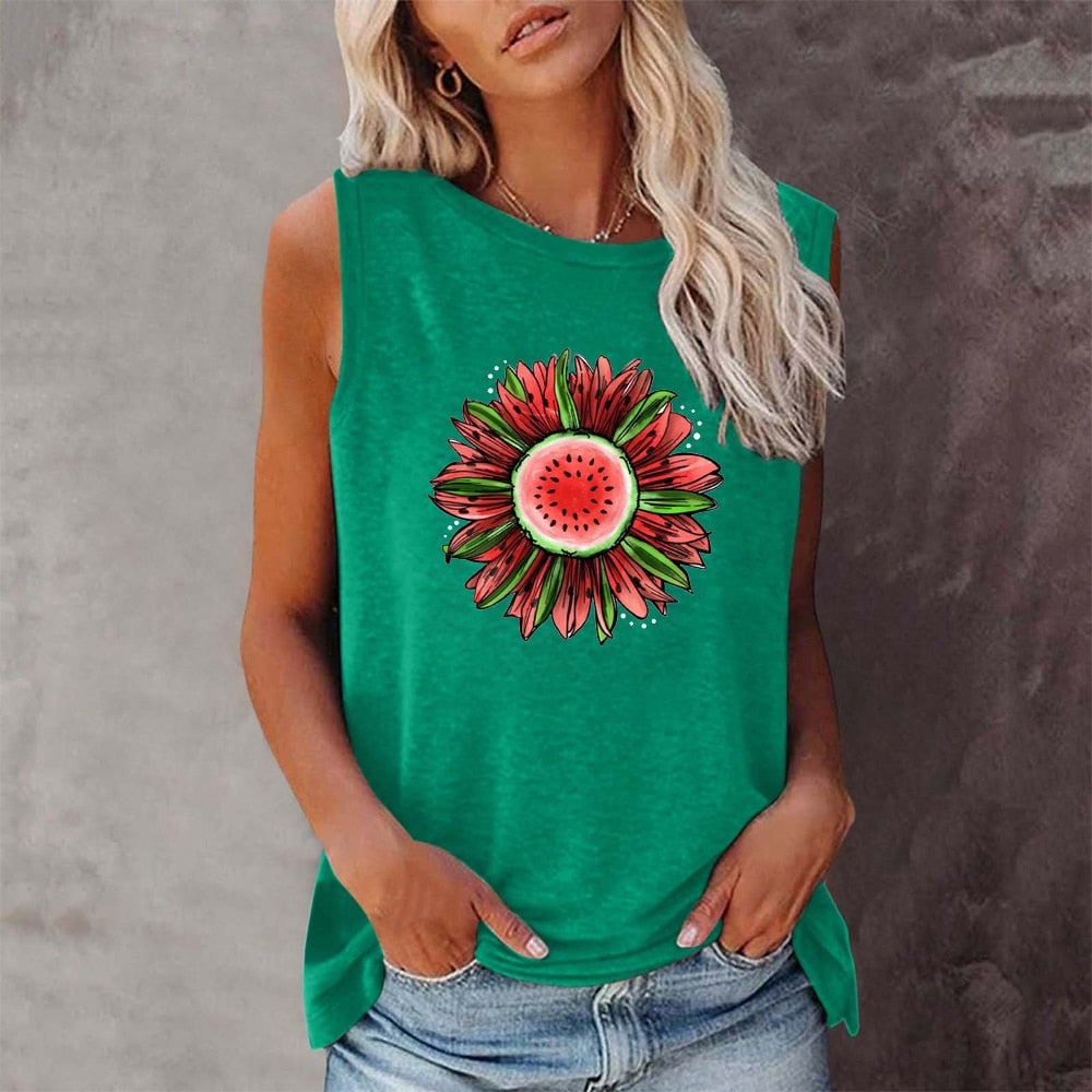 Funny Watermelon Sunflower Print Sleeveless Tshirt