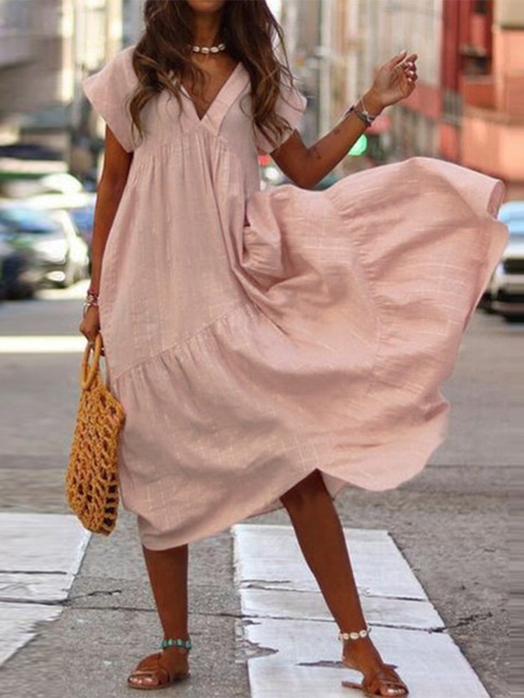 Fashion V Neck Mid Asymmetrical Robe Sundress