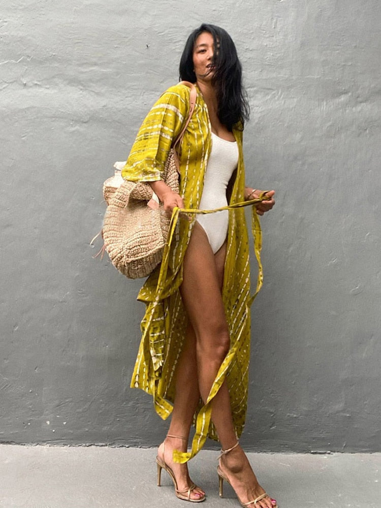 Boho Stripes Tie Dye Bikini Cover-ups Beach Kimono Dress