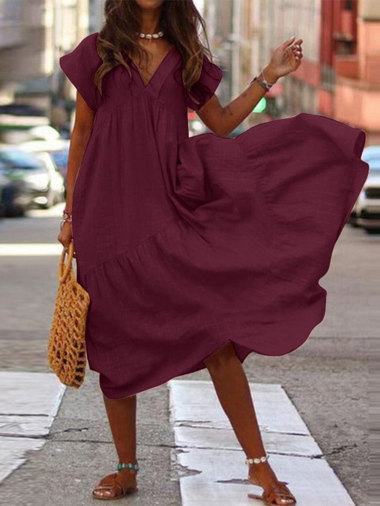 Fashion V Neck Mid Asymmetrical Robe Sundress