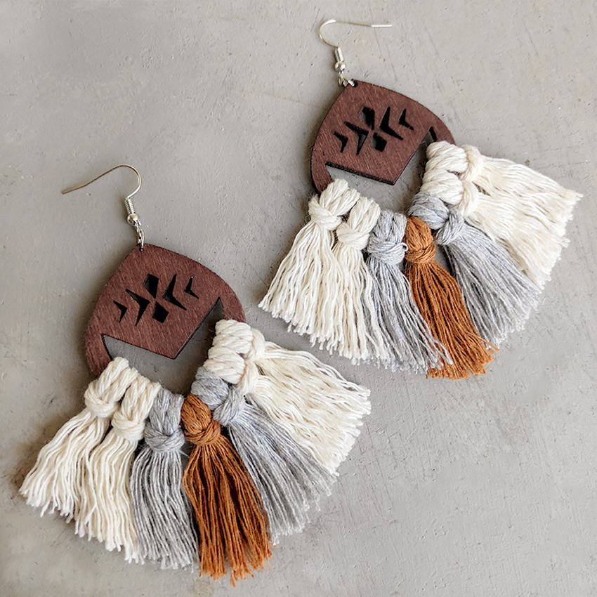 Boho Handmade Wooden Cotton Macrame Tassel Earrings