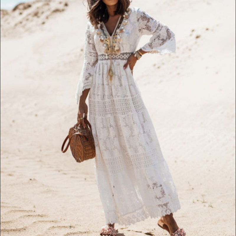 Elegant Lace Flare Sleeve Maxi Dress