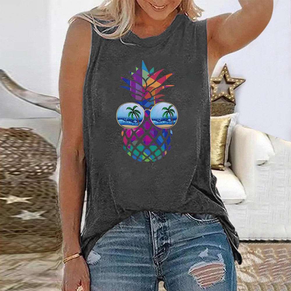 Funny Pineapple Print Sleeveless Casual Loose Tshirt