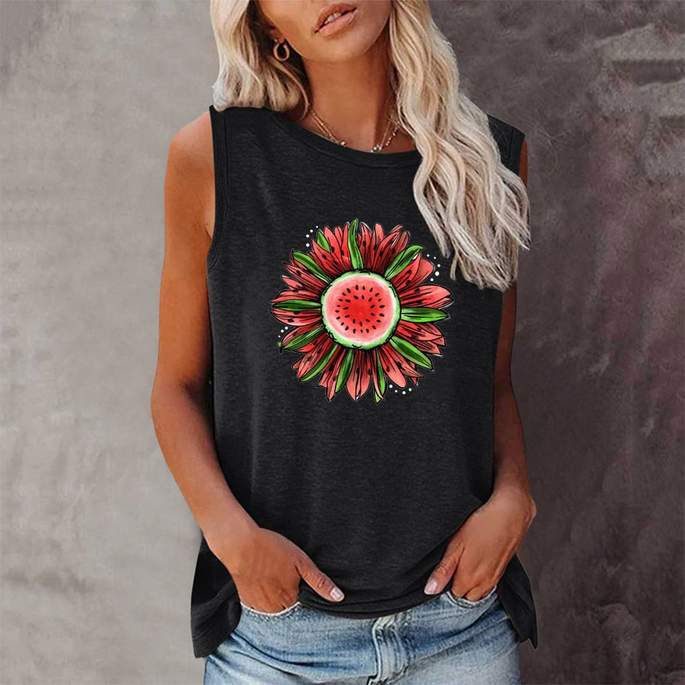 Funny Watermelon Sunflower Print Sleeveless Tshirt