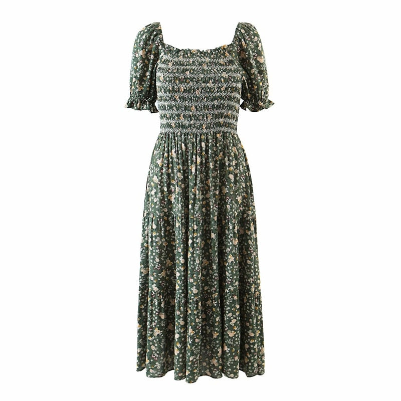 Bohemian Short Sleeve Rayon Cotton Elastic Midi Sundress