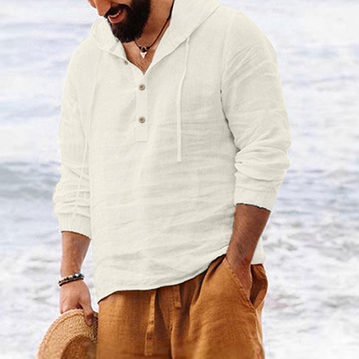 Autumn Hooded Solid Color Cotton Buttons Beach Shirt