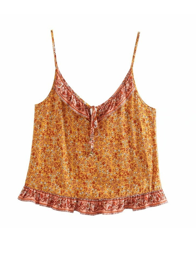 Boho Floral Print Rayon Cotton Camis Ruffles Sleeveless Crop Top