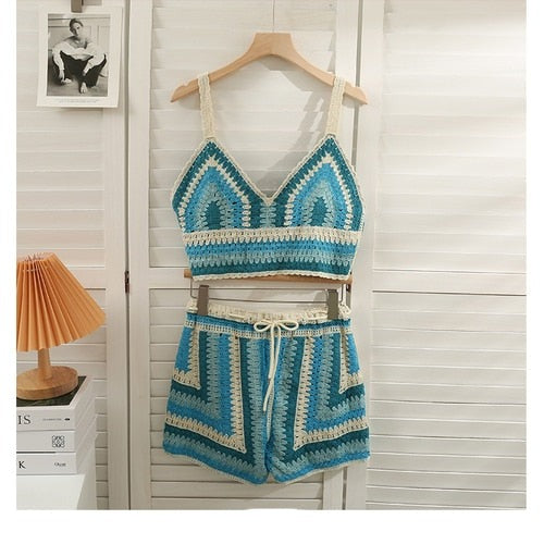 Boho Style Crochet Knitted Beachwear Two Piece Set