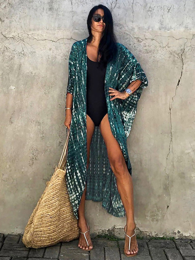Boho Stripes Tie Dye Bikini Cover-ups Beach Kimono Dress