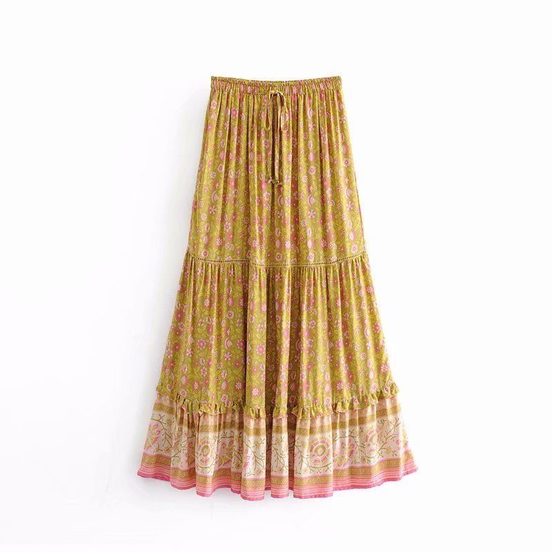 Bohemian Yellow Floral Print A-Line High Elastic Waist Maxi Skirt