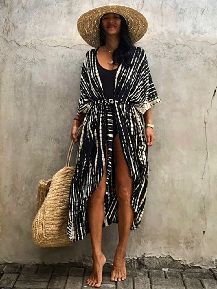 Boho Stripes Tie Dye Bikini Cover-ups Beach Kimono Dress