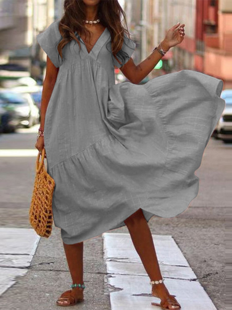 Fashion V Neck Mid Asymmetrical Robe Sundress