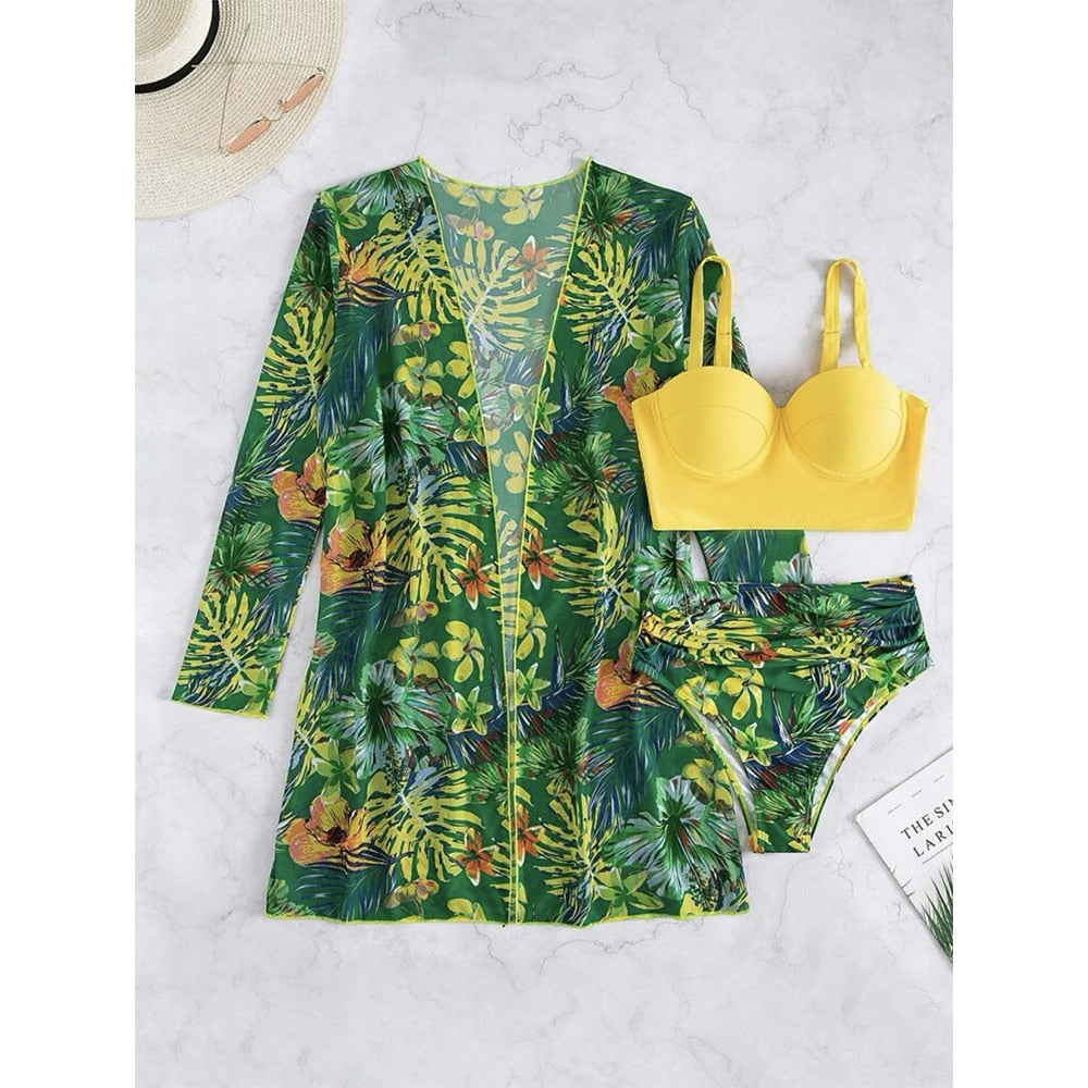 Women Printed High Waist Sexy Bikini And Cover Set - Small