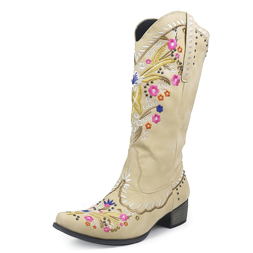Retro Vintage Embroidery Walking Cowboy Boots Plus Size 43