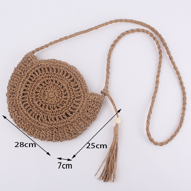 Handmade Rattan Straw Half Moon Round Handbag