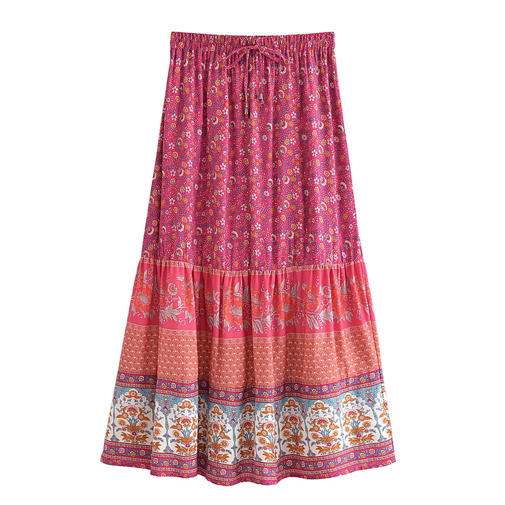 Floral Peacock Printed High Elastic Maxi A-Line Boho Skirt