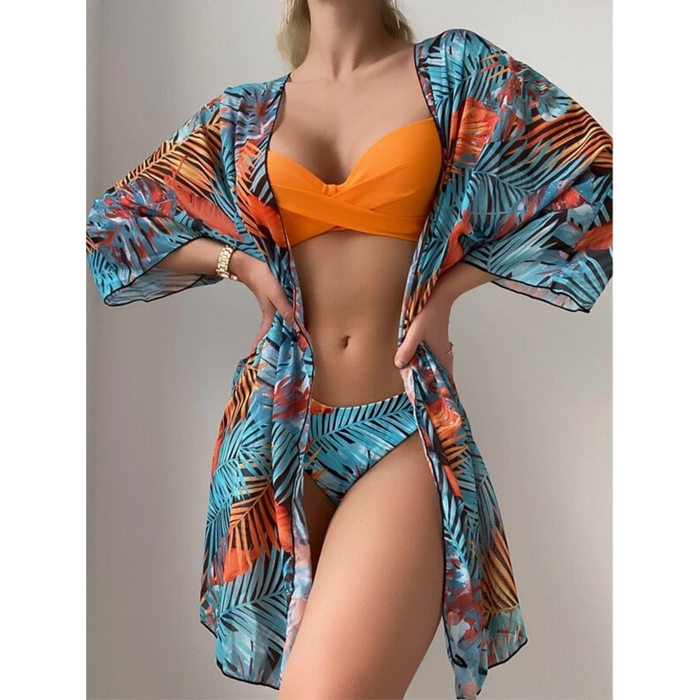 Women Printed High Waist Sexy Bikini And Cover Set - XL