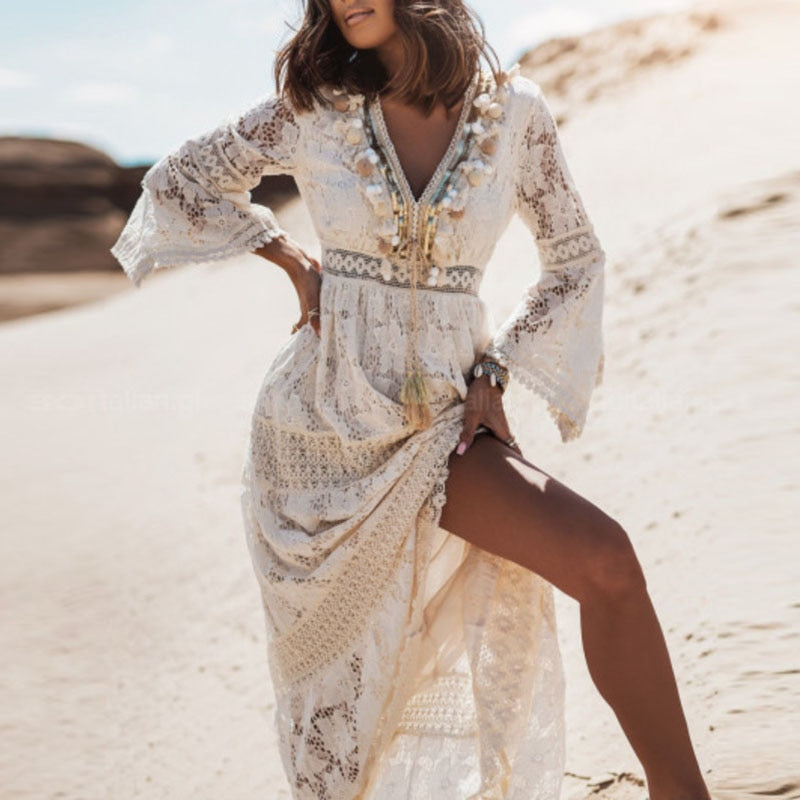 Elegant Lace Flare Sleeve Maxi Dress